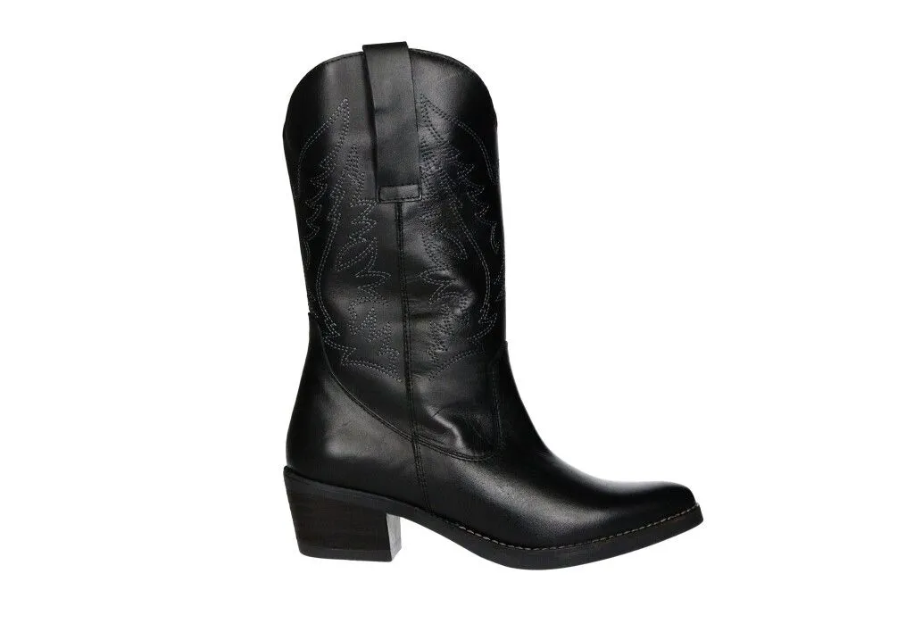 Bota Piel Negro Tejana Dibujo CaÑa Pespuntes Blancos