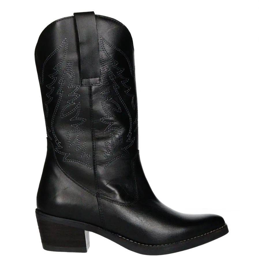 Bota Piel Negro Tejana Dibujo CaÑa Pespuntes Blancos