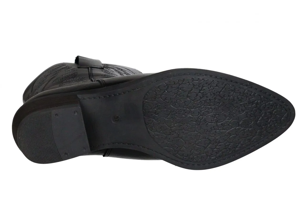 Bota Piel Negro Tejana Dibujo CaÑa Pespuntes Blancos
