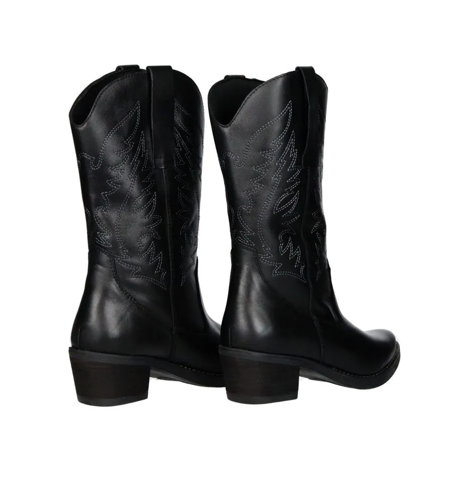 Bota Piel Negro Tejana Dibujo CaÑa Pespuntes Blancos